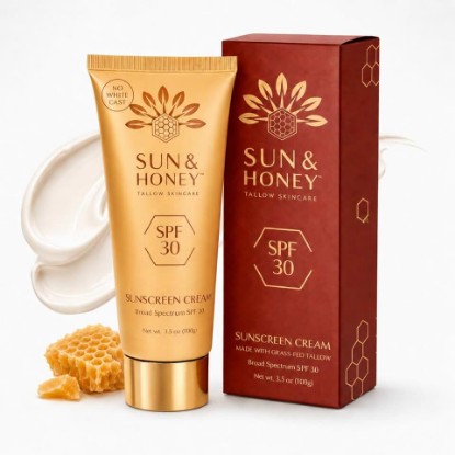 Picture of Beef Tallow Sunscreen SPF 30, Non Toxic Sunscreen, Mineral Face Sunscreen with Zinc Oxide, Tallow Face Moisturizer, No White Cast, No Added Fragrance | Sun & Honey