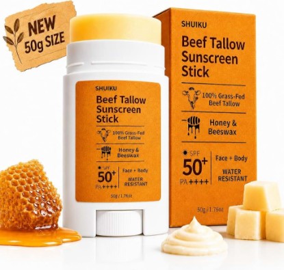 Picture of Beef Tallow Sunscreen Stick SPF 50, Mineral Sunscreen with Non-Nano Zinc Oxide, Honey & Beeswax, Unscented Sun Stick for Face & Body, Outdoor Travel Sunscreen Balm, 50g / 1.76 oz