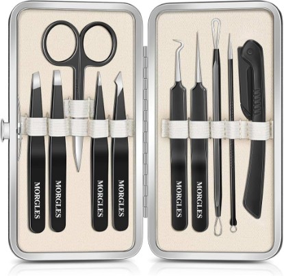 Picture of MORGLES Tweezers Set for Men, 10 in 1 Professional Eyebrow Tweezers Kit | With Pimple Popper, Blackhead Remover Tool and Travel Bag, Clean Daily & Spot Care