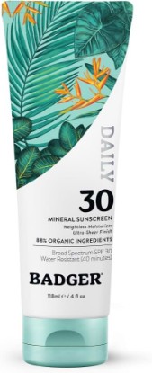 Picture of Badger Mineral Daily Sunscreen SPF 30, Zinc Oxide, No White Cast, 4 fl oz | Lightweight, No White Cast, Moisturizing, Organic, Reef Safe, Vegan Unscented, Daily mineral sunscreen, Easy apply sunscreen