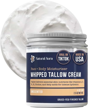 Picture of Whipped Beef Tallow for Skin - Face + Body Moisturizer, 100% Grass Fed Grass Finished Tallow and Honey Balm for Sensitive Skin - Natural Lotion - Free of Harsh Chemicals - 4oz, (Unscented)