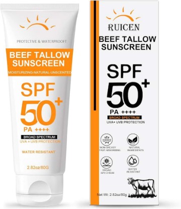 Picture of Beef Tallow Sunscreen with Zinc Oxide: Mineral Sunscreen SPF 50, Organic Natural Sun screen-Non Greasy Formula, No White Cast, Beef Tallow Sunblock for Sensitive Skin- Water-Resistant-2.82 oz (80g)