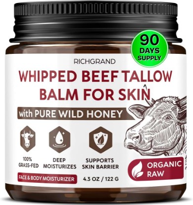 Picture of RICHGRAND Beef Tallow for Skin - Whipped Tallow and Honey Balm - Grass Fed Beef Tallow for Face, Daily Moisturizer & Body Butter - Natural Non Comedogenic Skincare (4.3 oz)