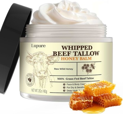 Picture of Lupure Beef Tallow Balm for Skin, Whipped Grass Fed Beef Tallow with Honey, Organic & All-Natural Face Moisturizer, Hydrating & Nourishing Balm for Dry Skin, Eczema Relief, Unscented, Non-Greasy, 2oz