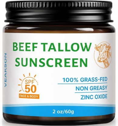 Picture of Beef Tallow Sunscreen SPF 50, Organic Grass-Fed Tallow Sunscreen with Non Nano Zinc Oxide, Natural Non-Greasy Formula for Face & Body, Water Resistant, Adult & kids, Reef Safe, Unscented, 60g