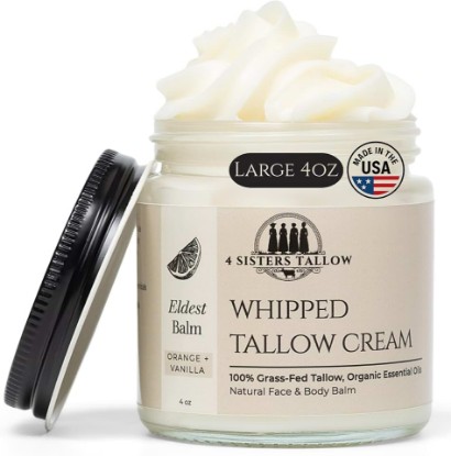 Picture of 100% Grass Fed Beef Tallow For Face & Skin - All Natural Tallow Face Cream - Whipped Moisturizer Lotion - Made in USA - 100% Organic Oils - Lrg 4 Fl Oz - Eldest Balm (Orange, Vanilla & Frankincense)