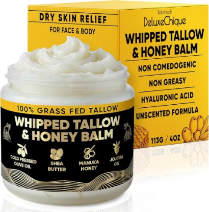 Picture of Beef Tallow Face Moisturizer – Whipped Tallow & Honey Balm with Hyaluronic Acid, Manuka Honey, Aloe & Green Tea – Unscented Natural Skin Cream for Dry or Sensitive Skin – 4oz