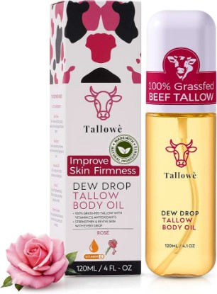 Picture of Tallowè Dew Drop Tallow Body Oil – Lightweight Body Firming Oil with 100% Grass-Fed Beef Tallow for Skin, Vitamin C, Rose extract & Macadamia, Radiant Hydration, 4 fl oz