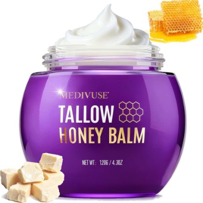 Picture of Tallow and Honey Balm - 100% Grass-Fed Beef Tallow for Skin with Organic - Deeply Moisturizing Beef Tallow for Face Body - Natural Formula Care for Dry & Sensitive Skin 4.3OZ, Whipped beef honey cream