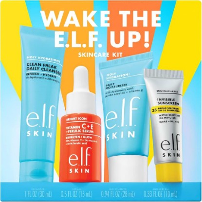 Picture of e.l.f. SKIN Wake the e.l.f. Up Skincare Kit | Travel-Size Hydrating Face Cleanser, Sunscreen, Moisturizer & Brightening Serum, Vegan & Cruelty-Free