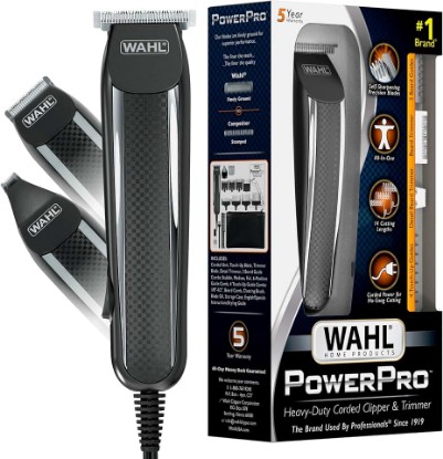 Picture of Wahl PowerPro Corded Detailer Trimmer Kit for Mens Grooming | For Trimming Beard, Mustache, Stubble, Ear, Nose, & Body Hair - 3 Grooming Heads – Model 9686