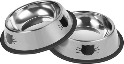 Picture of Serentive 2 Pcs Non-Slip Stainless Steel Small Cat Food Bowls - Unbreakable, Thicken 7 Oz Cat Dishes - Indoor, Removable Rubber Base, Easily Clean, Lovely Color