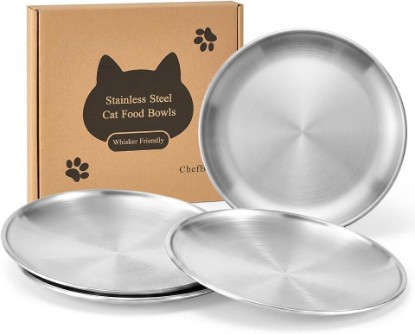Picture of CHEFBEE 4PCS 6.7" Stainless Steel Shallow Cat Bowls, Whisker Friendly | Flat Shallow Wide Design, Food & Water Dishes, Easy to Clean, For Indoor Cats, Kittens & Multicats, Pet Feeding Plates
