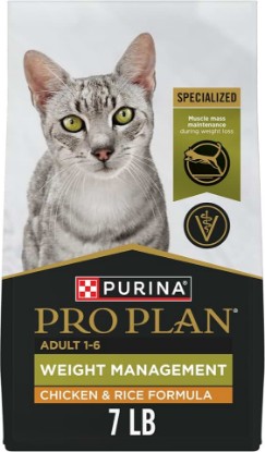 Picture of Purina Pro Plan Weight Management Dry Cat Food, Chicken & Rice, 7 lb Bag | Weight control cat food with 43% protein, prebiotic fiber for digestion, vitamin A and taurine for vision, omega 6 for skin