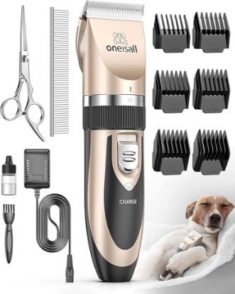 Picture of oneisall Low Noise Dog Clippers Grooming Kit for Dogs Cats Pets | Rechargeable Cordless, Long Battery Life, Simple for Beginners, 6 Guide Combs, Removable & Rinsable Blade Global Recycled Standard ISCC PLUS