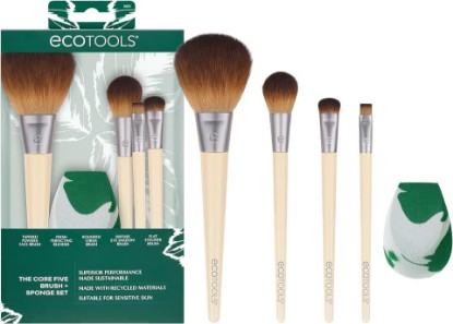 Picture of EcoTools Core Five Makeup Brush and Blending Sponge Kit, 5 Piece Set | Natural makeup made easy with a makeup brush set with 3-edge beauty sponge, bamboo handles and vegan