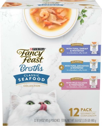 Picture of Purina Fancy Feast Broths, Classic Seafood Wet Cat Food, 1.4 oz, 12-Pack | Variety Pack with Lickable Grain-Free Wet Cat Food complements, made with no by-products, artificials flavors or colors