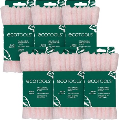 Picture of EcoTools 6 Pack Bath Cloth, Exfoliating Washcloth for Shower, Pink | Reach your back with ease using an exfoliating body scrubber that expands to 3 ft, shower cloth and use with body wash
