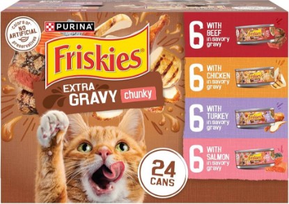 Picture of Purina Friskies Extra Gravy Wet Cat Food Chunky Variety, (24) 5.5 oz. Cans | Variety Pack With Chicken, Turkey, Salmon, & Beef cat food in savory gravy, for tender, tasty meals
