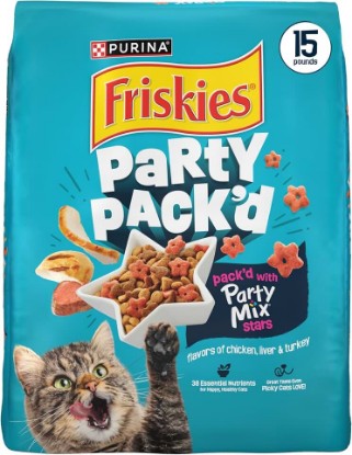 Picture of Friskies Purina Party Pack'd Dry Cat Food - 15 lb. Bag | Crunchy kibble packd with flavors of chicken, liver, and turkey for adult cats
