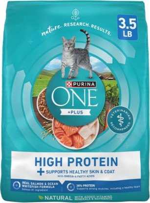 Picture of Purina ONE Plus High Protein Dry Cat Food, 3.5 lb Bag | High protein, real salmon and ocean whitefish formula that supports healthy skin and coat for adult cats
