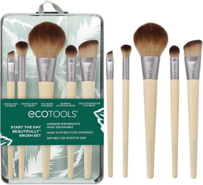 Picture of EcoTools 6 Piece Start the Day Beautifully Makeup Brush Set | Natural face and eye look, makeup brush kit for liquid cream or powder, bamboo makeup brushes, storage tin