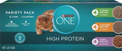 Picture of Purina ONE High Protein Cat Food Variety Pack, 24 Count 3 oz Cans | Turkey, chicken and tuna recipes in gravy or sauce, no added fillers, created with added vitamins for whole-body hydration