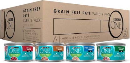 Picture of Purina ONE Grain Free Wet Cat Food Variety Pack, 24 Pack 3 oz Cans | Turkey, chicken, ocean whitefish & beef pate recipes, no fillers and added vitamins for complete nutrition