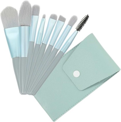 Picture of Ciieeo Mini Makeup Brush Set 8pcs Blue Wooden Handle Face Makeup Brushes for Women Eyeshadow Concealer Blush Cosmetic Tools Portable Travel Kit