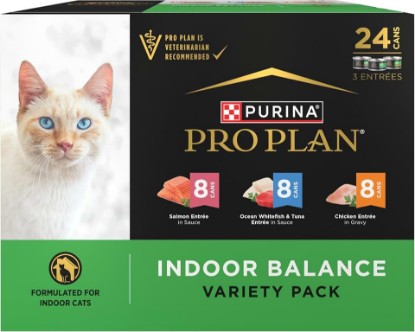 Picture of Purina Pro Plan Indoor Balance Wet Cat Food Variety Pack, (24) 3 oz Cans | Salmon, Ocean Whitefish & Tuna, and Chicken Entrees, indoor cat food, helps maintain healthy weight and control hairballs