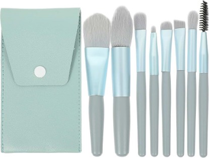 Picture of Vaguelly 8pcs Mini Makeup Brush Set Wooden Handles, Eyeshadow and Concealer Brushes for Travel, Professional Cosmetic Tools in Blue, Suitable for Blush and Loose Powder Application