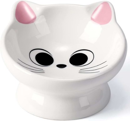 Picture of Raised Cat Food Bowl Ceramic 15° Tilted Cat Food Bowls Protect Cat's Spine Anti Vomiting Backflow Prevention Bowls for Adult Kitty, Kitten, and Small Dogs, Pink Global Recycled Standard
