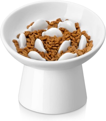 Picture of vancasso Ceramic Slow Feeder Cat Bowl, 6.25 Inch Elevated Cat Slow Feeder Bowl, Anti Vomiting for Dry and Wet Food, White Global Recycled Standard