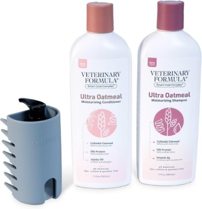Picture of Soothe & Smooth Dog Bath Set by Veterinary Formula & Tweezerman, 3-Piece | Oatmeal shampoo and conditioner with 2-in-1 bath brush for gentle grooming that soothes dry, itchy or sensitive skin