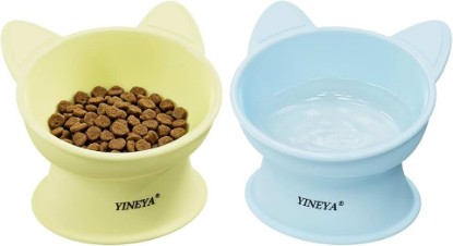 Picture of YINEYA 2 Pack Cat Food Bowls Elevated Design for Neck Comfort & Digestion | Whisker-Friendly Raised Cat Bowls & Water Dishes for Indoor Cats, Detachable Pet Bowl, Dishwasher Safe, 6 OZ, Yellow&Blue