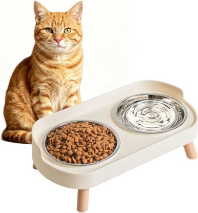 Picture of LoeJan Elevated Cat Bowls Set - Raised Cat Food and Water Bowl Set with Non Slip Stand - Pet Feeding Station with 2 Stainless Steel Bowls with Splash Proof Guard