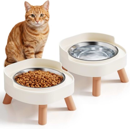 Picture of Elevated Cat Bowls, 2P Raised Cat Food and Water Bowl Set for Indoor Cats, Splash Proof with 2 Stainless Steel Pet Food Bowls for Cats ＆ Puppies, Whisker Friendly and Dishwasher Safe - White