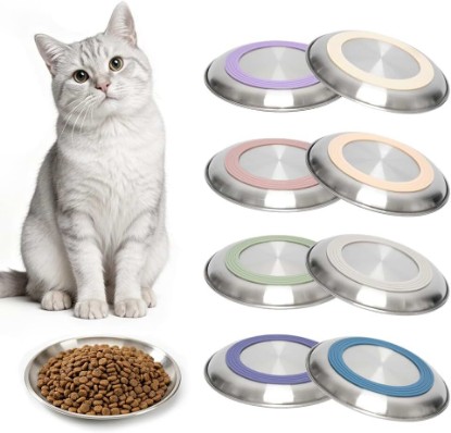 Picture of 8 Pack Stainless Steel Cat Food Bowls, Cat Dishes Shallow Whisker-Friendly Metal Dishes with Non-Slip Silicone Bottom, Easy to Clean Indoor Feeding Bowls for Cats, Kittens & Small Dogs (6.7")