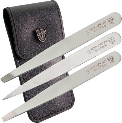 Picture of 3 Swords Germany stainless steel precision tweezer set “SILVERADO”, slanted, straight, pointed eyebrows hair, synthetic leather case by 3 Swords