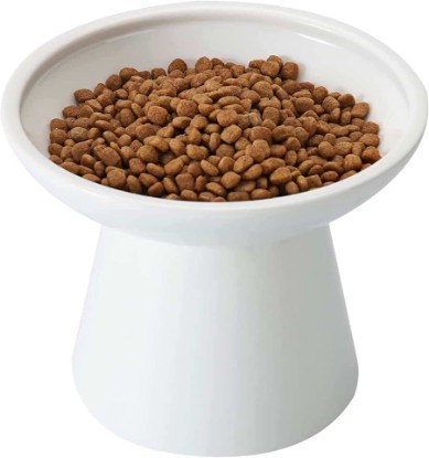 Picture of CEEFU Extra Wide Elevated Ceramic 6.2" Shallow Cat Food Bowl | Cat Dish for Whisker Fatigue Relief, 5" Height for Easy Feeding, Lead & Cadmium Free, Durable Raised Cat Food Bowls, White