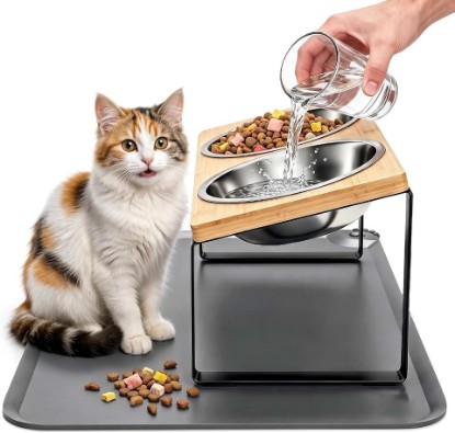 Picture of Elevated Tilted Cat Food Bowls with Mat, 304 Stainless Steel 2 Water Bowls | 15° tilted elevated cat feeder anti-vomiting, reduces whisker fatigue; 2 detachable stainless bowls fit cats & small dogs Global Recycled Standard