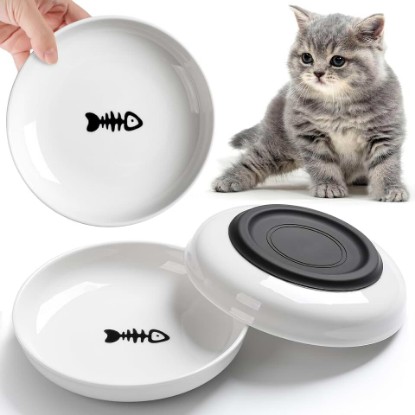 Picture of WROSWT No Spill Cat Bowls,Cat Food Bowl,Anti Whisker Fatigue Healthy Ceramic Cats Dishes Set for Indoor Cats,Shallow Wide Kitten Plates for Food and Water,Non-Slip Silicone Bottom,3 Pack