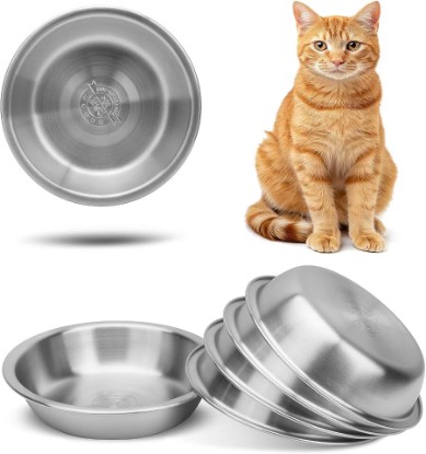 Picture of 6 Pcs Stainless Steel Cat Bowls, Metal Shallow Cat Bowls Whisker Friendly | 5.5Inch Shallow Wide Cat Food Dishes, Replacement Basic Cat Plates