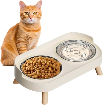 Picture of Elevated Cat Bowl, Raised Cat Food and Water Bowl Set for Indoor Cats, Splash Proof with 2 Stainless Steel Pet Food Bowls for Cats and Puppies, Whisker Fatigue and Dishwasher Safe - White