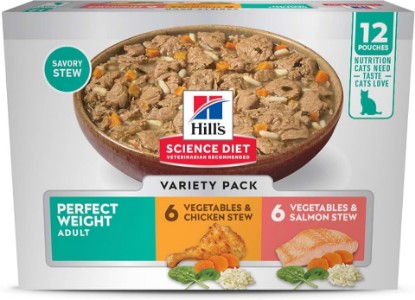 Picture of Hill's Science Diet Perfect Weight Wet Cat Food Variety Pack | #1 Veterinarian Recommended, Adult Formula, Vegetables & Chicken Stew, Vegetables & Salmon Stew, 2.8 oz. Pouches, 12-Pack