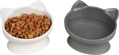 Picture of Kitty City Elevated Cat Bowls (Set of 2), Whisker-Friendly Raised Cat Food & Water Dishes, Modern Pedestal Design, Dishwasher Safe, 6.5 oz Each – White & Gray