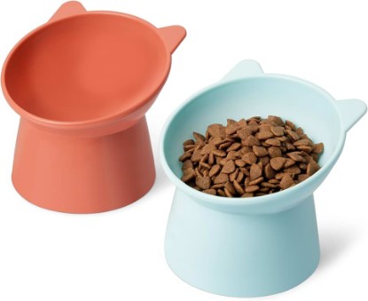 Picture of Amazon Basics Raised Cat Feeding Bowls, Cat Ear Shape, Tilted Design, Whisker-Stress Free, 5.2 x 5.2 x 4.5 in, Orange and Blue, 2-Pack