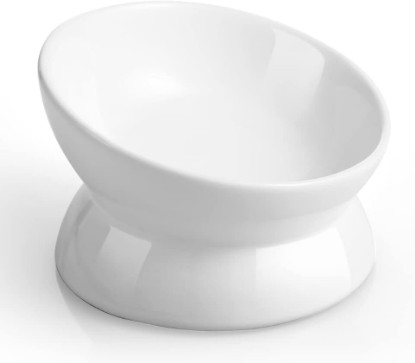 Picture of LoeJan Elevated Cat Food Bowl, 5 Oz Ceramic Raised and Tilted Water Bowl, Anti Vomiting and Protect Pets' Spines Dishes for Small Dog, Fat Faced Cat, Kitten (White, 1 Pack)