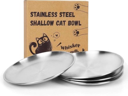 Picture of 4-Pack Stainless Steel Cat Food Bowls, Whisker-Friendly Plates | Non-Slip Silicone Shallow Base Metal Dishes, Easy to Clean Indoor Feeding Flat Plates for Cat, Kitten, Small Dog (6.7") ClimatePartner certified