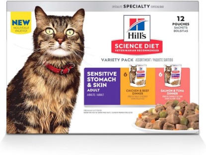 Picture of Hill's Science Diet Sensitive Stomach & Skin Wet Cat Food Variety Pack | #1 Veterinarian Recommended, Adult Formula, Chicken & Beef, Salmon & Tuna, 2.8 oz. Pouches, 12-Pack